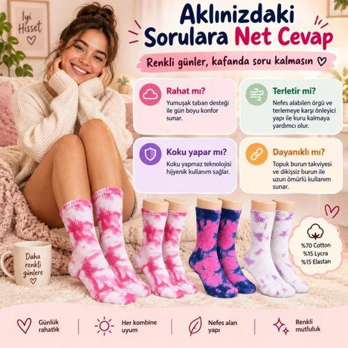 Unisex Batik Desenli Çorap 3'lü Set Pamuklu Renkli Uzun Soket Dikişsiz Nefes Alan Günlük Spor Çorabı