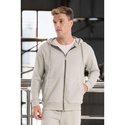 Haneke Regular Kalıp Diagonal 3 İplik Fermuarlı Kapüşonlu Erkek Sweatshirt - Mineral Gri