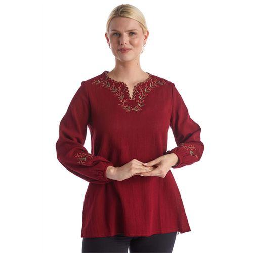 Şile Bezi Uzun Kol Bordo Nakış Detaylı V Yaka Yazlık Otantik Bluz