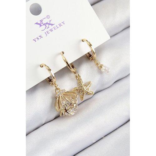 Pirinç Zirkon Taşlı 3'lü İstiridye Ve Yıldız Model Gold Renk Kadın Küpe