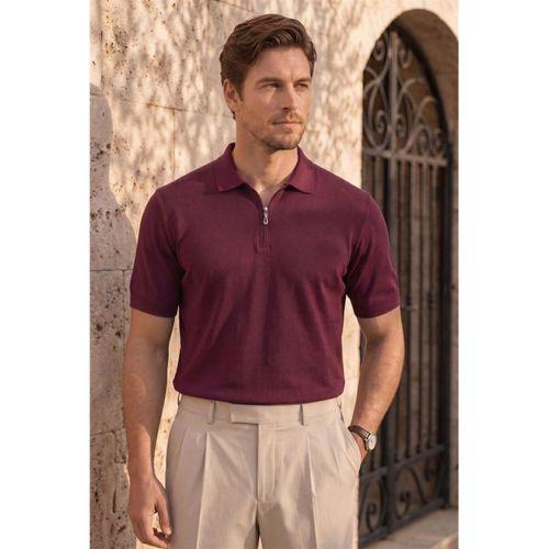 Linus Fermuarlı Polo Yaka Kısa Kollu İnce Triko Erkek T-Shirt - Bordo