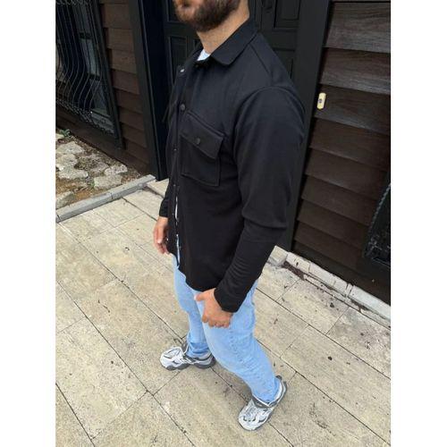 Erkek Diagonal Kumaş Cepli Çıtçıtlı Uzun Kollu, Gömlek Oversize Rahat Kalıp Günlük Şık Stil - Siyah