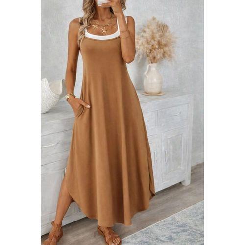 Kadın Ip Askılı Yuvarlak Yakalı Cepli Uzun Viskon Elbise