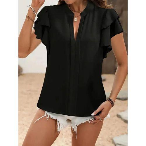 Kadın Kısa Kollu V Hakim Yaka Kolları Fırfırlı Dubai Bluz