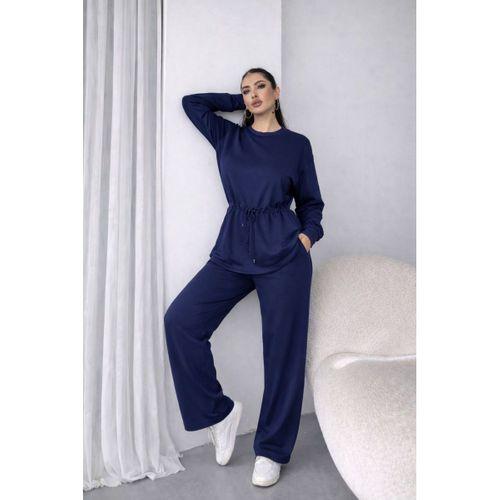 Kadın Uzun Kollu Bisiklet Yaka Belden Büzgülü Bağcıklı Viskon Iki Iplik Bluz Ve Pantolon Ikili Takım