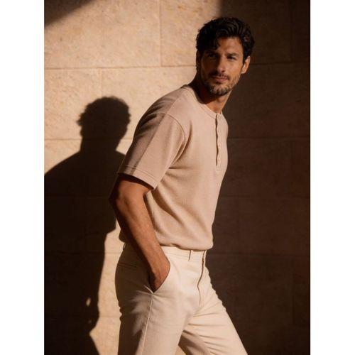 Roth Relaxed Fit Günlük Henley Yaka Waffle Kumaş Yazlık Kısa Kollu T-Shirt - Bej