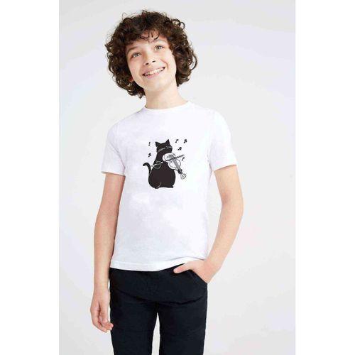 Silhouette Black Cat Playing Violin Baskılı Unisex Çocuk Beyaz t-shirt