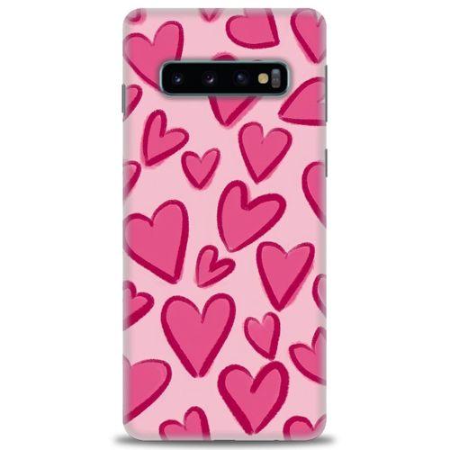 Samsung Galaxy S10 Kılıf HD Baskılı Kılıf - Pembe Kalp + Tam Ekran Koruyucu