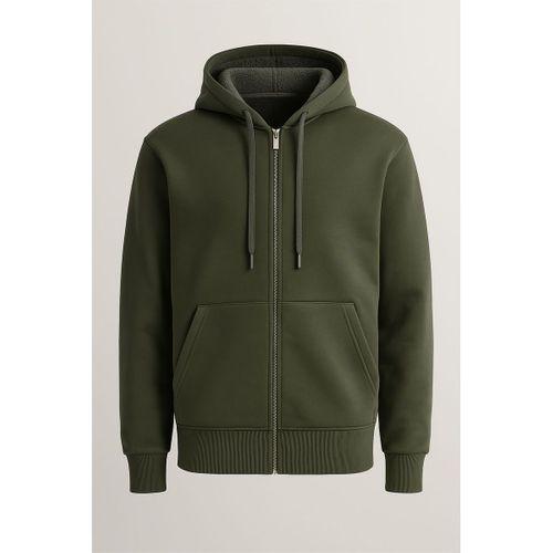 İçi Peluş Üç İplik Kumaş Oversize Fermuarlı Kapüşonlu Sweatshirt - Çam Yeşili