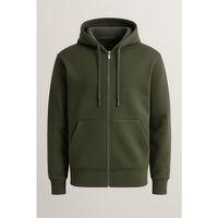 İçi Peluş Üç İplik Kumaş Oversize Fermuarlı Kapüşonlu Sweatshirt - Çam Yeşili