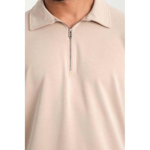 Scuba Modal Kumaş Relaxed Fit Yarım Fermuarlı Polo Yaka Erkek Sweatshirt - Bej