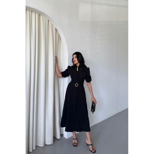 YAKA DÜĞME DETAYLI ELBİSE - Siyah