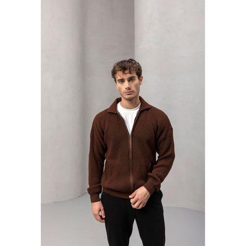 Coppola Selanik Örgü Polo Yaka Cepli Fermuarlı Rahat Kalıp Erkek Triko Hırka - Kahve