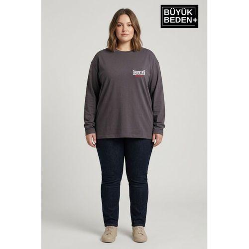 Kadın Büyük Beden Orta Brooklyn Baskılı 2 İplik Bisiklet Yaka Tişört SPR26BEAK942-3