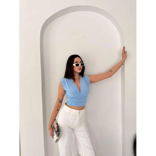 Vatkalı Kolsuz V Yaka Drapeli Crop Bluz Likralı Fit - Bebek Mavisi