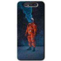 MRCİLETİSİM Samsung Galaxy A80 Kılıf HD Desen Baskılı Arka Kapak + Temperli Cam - Smoke Astronot