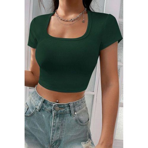 Kadın Yeşil Şık Kesim Yarım Kol Crop Bluz