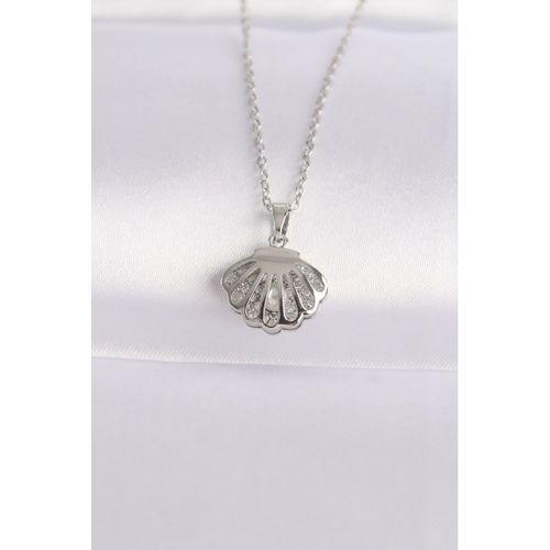 316L Çelik Zincir Gümüş Renk Zirkon Taşlı İnci Detay İstiridye Kolye