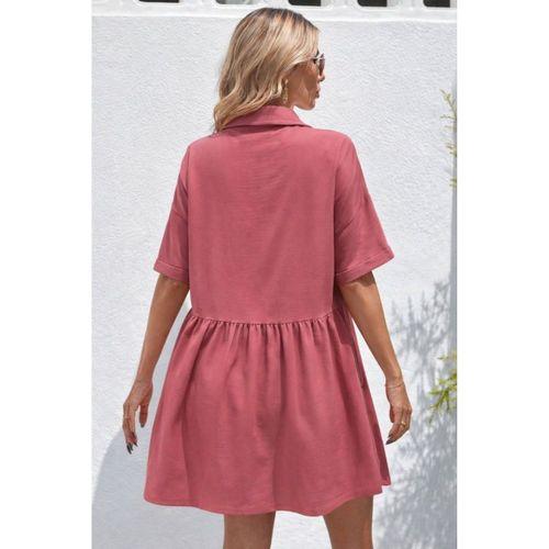 Kadın Kısa Kollu Yakalı önden Düğmeli Kısa Bürümcük Elbise
