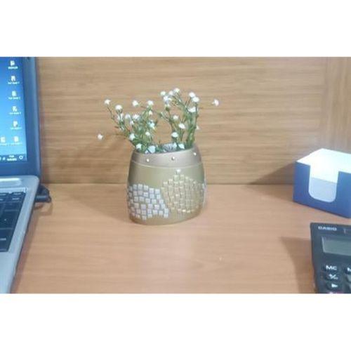 2 Adet Vazo Dahil,Vazoda Çiçek,Beyaz Yapay Çiçek,Vazo Dekoratif Altın Mozaik Poliresin 10X15X5Cm