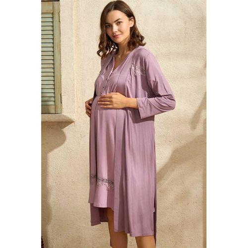 Kısa Yarım Kol V Yaka Kadın Viskon Düz Yazlık Uzun Dantel Detaylı Hamile Gecelik Sabahlık