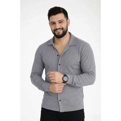Erkek Waffle Kumaş Uzun Kollu Düğmeli Açık Yaka Regular Fit Gömlek - Füme