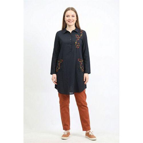 Uzun Kol Sevim Düğmeli Klasik Yaka Çift Cepli Şile Bezi Nakışlı Tunik Siyah Syh