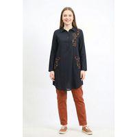 Uzun Kol Sevim Düğmeli Klasik Yaka Çift Cepli Şile Bezi Nakışlı Tunik Siyah Syh