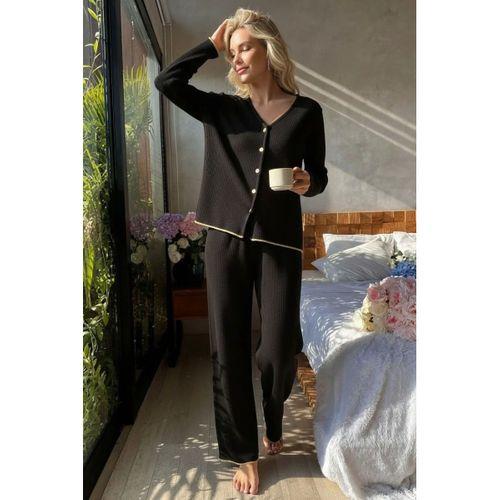 Kadın Siyah Gold Biyeli Fitilli Yumuşak Dokulu Pijama Takımı Premium Ev Giyim