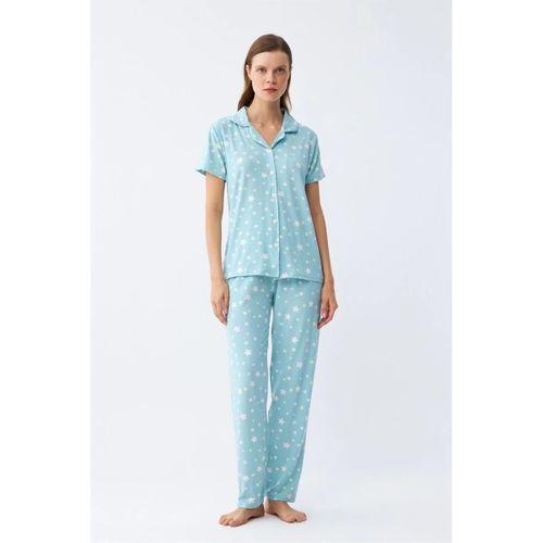 Kadın Buz Mavisi Yıldız Desenli Önden Düğmeli Pijama Takımı