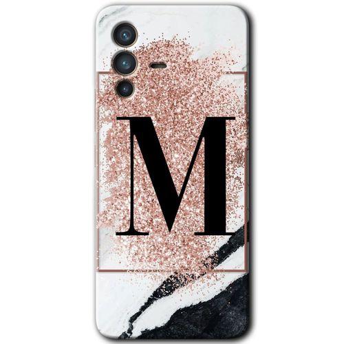 MRCİLETİSİM Vivo V23 5G Kılıf HD Desen Baskılı Arka Kapak+Temperli Cam - Pembe Mermer Desenli M Harfi