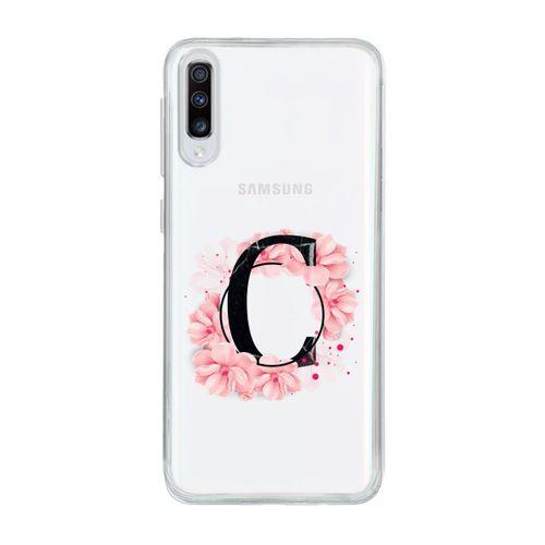 Samsung A70 Pembe Çiçek Desen C Harfli Şeffaf Kılıf