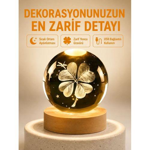 Dekoratif Yonca Görünümlü Işıklı Kristal Cam Küre Usb Masa Gece Lambası