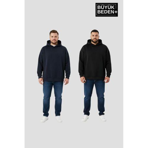 Erkek Büyük Beden 2  li Set Kapşonlu Kollar Ve Etek Ribanalı ince Swatshırt SPR26BSW957+2