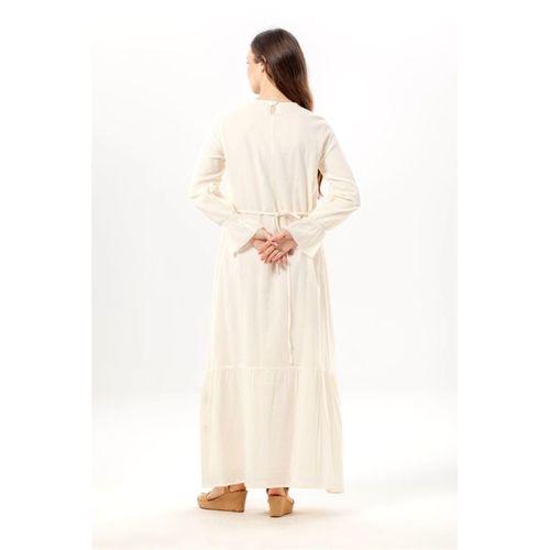 Uzun Kol Aysu Nakışlı Bisiklet Yaka Şile Bezi Yazlık Uzun Elbise Krem Krm