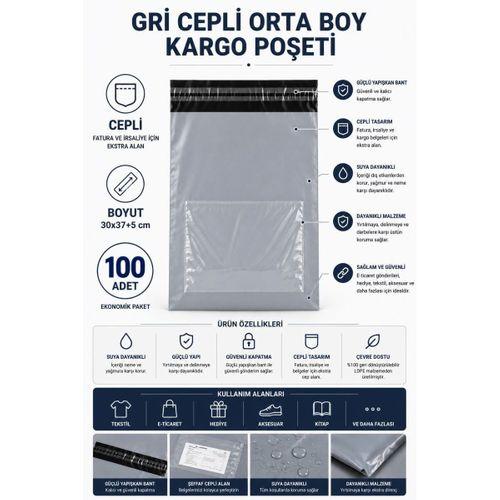 Gri Cepli Orta Boy Kargo Poşeti 30x37+5 Cm 100 Adet