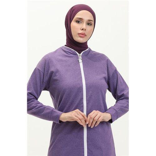 Bisiklet Yaka Fermuarlı Uzun Tunik Sade Basic Spor Takımı - 03044.207 - Koyu Lila
