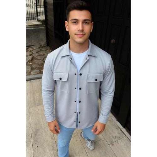 Erkek Diagonal Kumaş Cepli Çıtçıtlı Uzun Kollu, Gömlek Oversize Rahat Kalıp Günlük Şık Stil - Gri