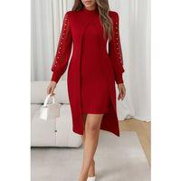 Kadın Uzun Kollu Yarı Balıkçı Yaka Tül Ve Inci Detaylı Kısa Ithal Krep Midi Elbise