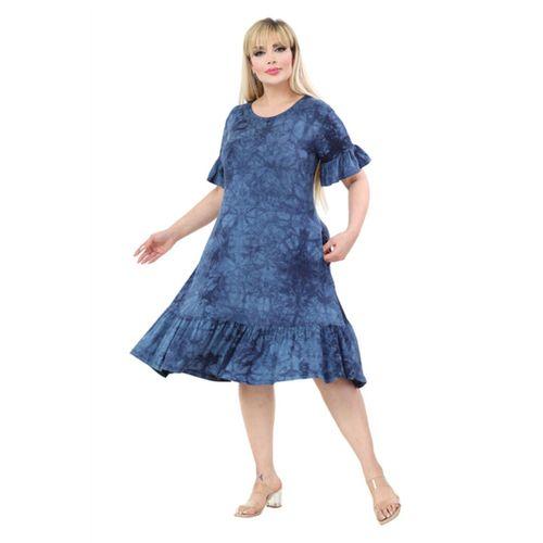 Melsay Butik Lacivert Batik Yıkamalı Cepli Fırfırlı Kısa Kollu Kadın Midi Elbise