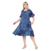 Melsay Butik Lacivert Batik Yıkamalı Cepli Fırfırlı Kısa Kollu Kadın Midi Elbise