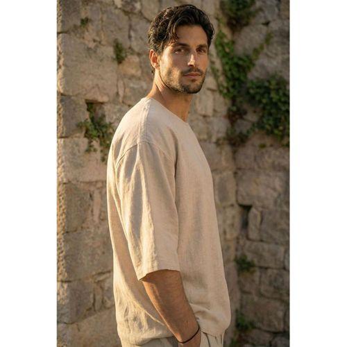 Castiel Bisiklet Yaka Fakir Kol Oversize Kısa Kol T-shirt - Bej