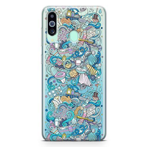 Samsung Galaxy A60 Kılıf Doodle Banyo Aksesuarları Arka Kapak Koruma Desenli Full Koruyucu
