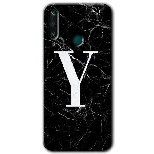 MRCİLETİSİM Huawei Y6P Kılıf HD Desen Baskılı Arka Kapak + Temperli Cam - Siyah Mermer Desenli Y Harfi