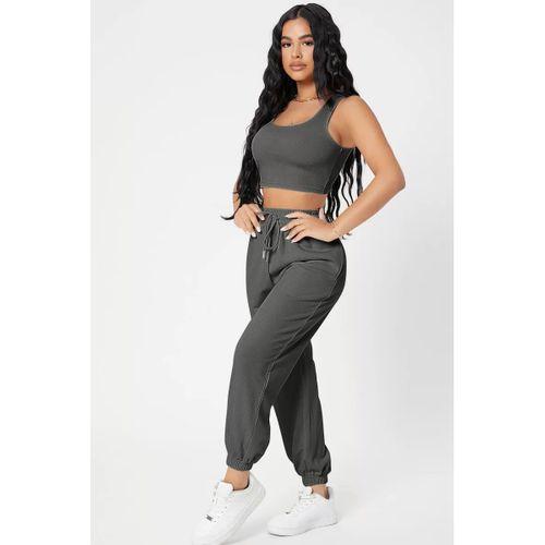 Kadın Antrasit Gri Kaşkorse Cepli Jogger Eşofman Altı Ve Crop Top Bluz