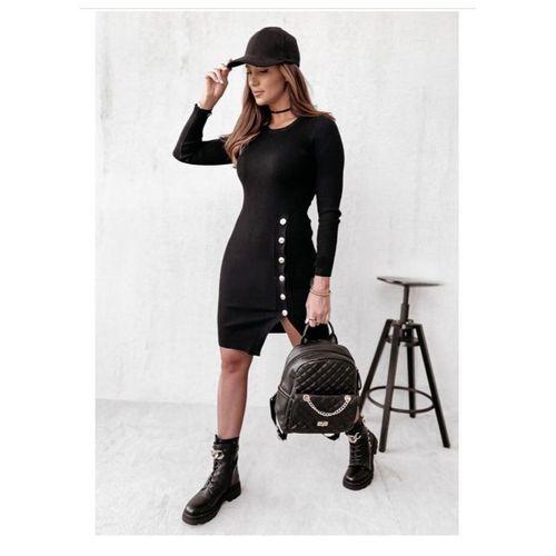 Kadın Siyah Uzun Kollu Bisiklet Yaka Yan Yırtmaç Düğme Detay Kısa Kaşkorse Elbise