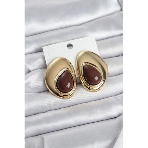 Pirinç Gold Renk Kahverengi Taşlı Damla Model Vintage Kadın Küpe