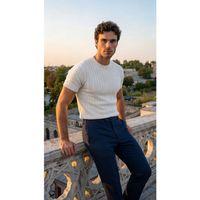 Erkek Örgü Desen Bisiklet Yaka Triko Tişört - %100 Pamuk Akrilik