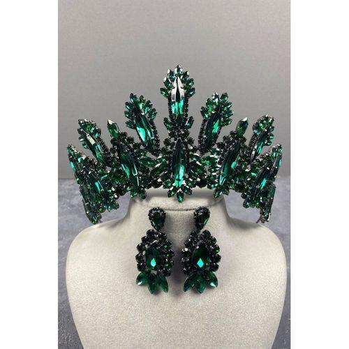 Dalia Yüksek Taşlı Gelin Tacı Mekik Küpe Seti