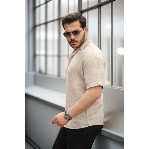 Yarım Oversize Apaş Yaka Kısa Kol Müslin Kumaş Erkek Gömlek - Bej